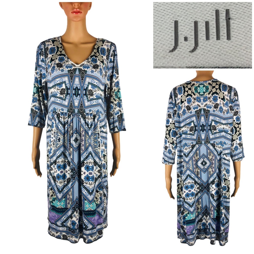 J Jill Womens Medium Dress Blue Floral Boho V Neck 3/4 Sleeve Stretch Shift EUC